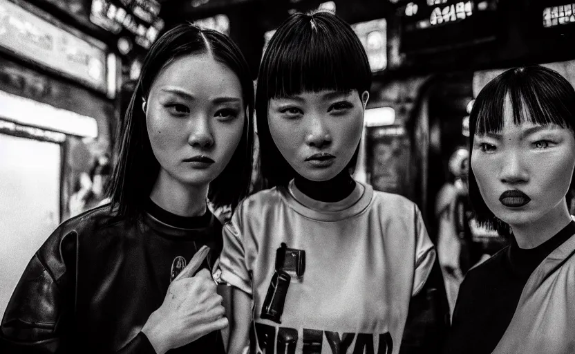 Image similar to cinestill 5 0 d photographic portrait of two female androids wearing streetwear talk at a bar in cyberpunk china, extreme closeup, modern cyberpunk, dust storm, 8 k, hd, high resolution, 3 5 mm, f / 3 2, ultra realistic faces, intricate detail, ex machina