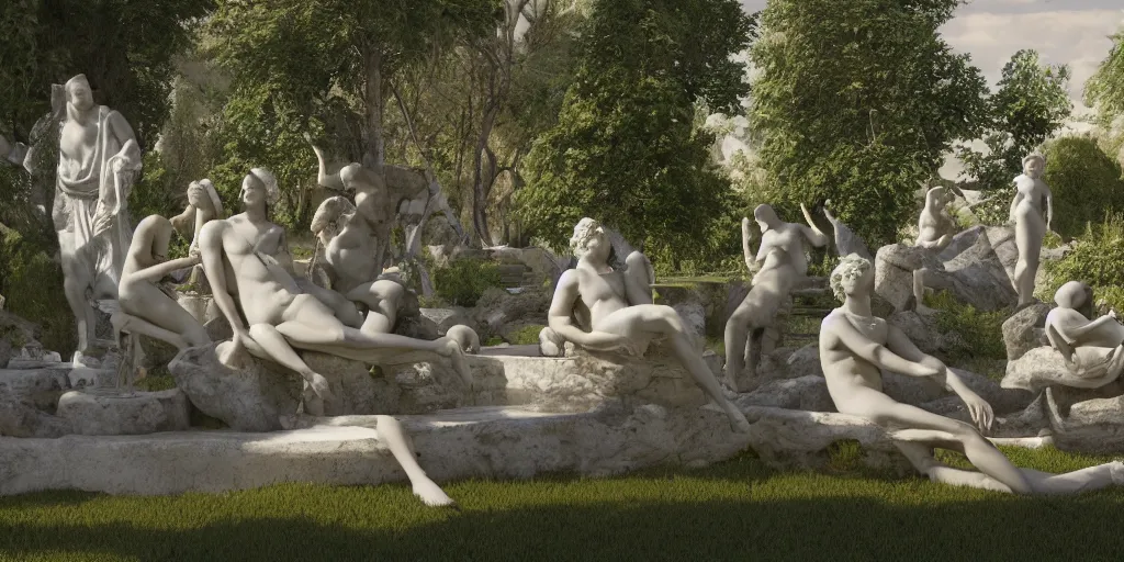 Image similar to Garden Utopia, surrealism, outside, high detailed beautiful Greek marble statues, mind puzzles, intricate artwork by caravaggio. Trending on artstation, octane render, cinematic lighting from the right, hyper realism, octane render, 8k, depth of field, 3D