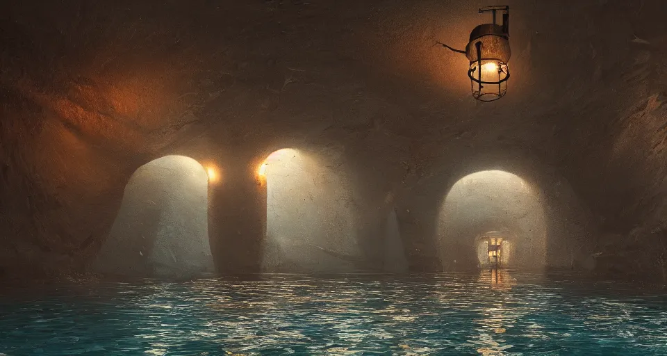 Image similar to a beautiful landscape painting, a water monster stands at the mouth of a single lane tunnel with overhead lights, by sam guay, moody lighting, hyperrealism, 4 k, octane render