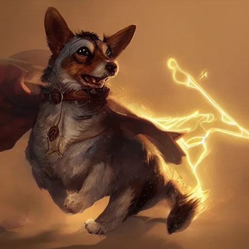 Prompt: d & d character art, corgi, arcane thaumaturgist, magical spells, glowing, intricate, extremely detailed digital illustration, hyperrealistic, greg rutkowski, trending on artstation, 8 k