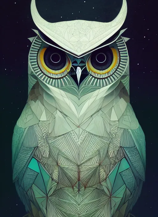 Image similar to portrait of a geometric owl, identical eyes, medium shot, illustration, full body made of white feathers, symmetrical, art stand, super detailed, cinematic lighting, and its detailed and intricate, gorgeous, by peter mohrbacher