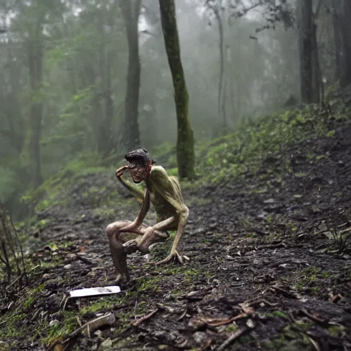 Prompt: gollum smoking cig in rain, trail cam