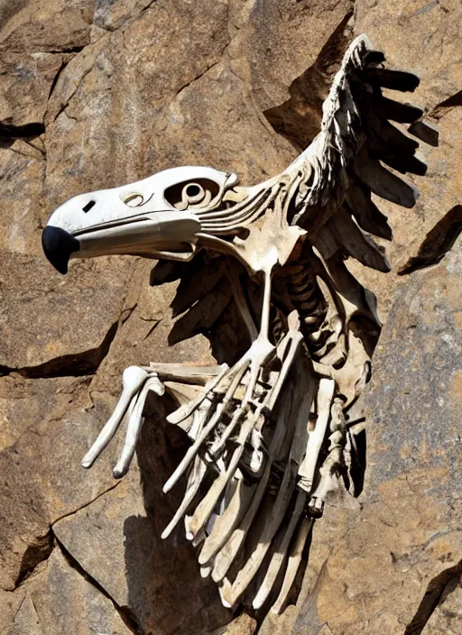 Image similar to a vulture skeleton sculpted on carved rock by bernini
