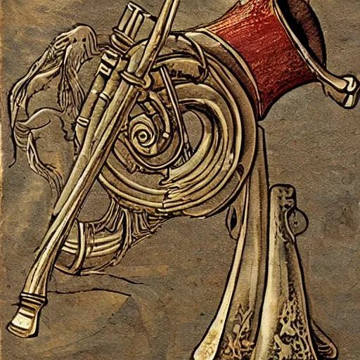 Prompt: an inllustration of a medieval blowing horn, winding horn, animal horn, higly detailed, mystic, artwork