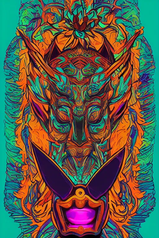 Image similar to animal mask totem roots flower tribal feather gemstone plant wood rock shaman vodoo video game vector cutout illustration vivid multicolor borderlands comics by josan gonzales and dan mumford radiating a glowing aura