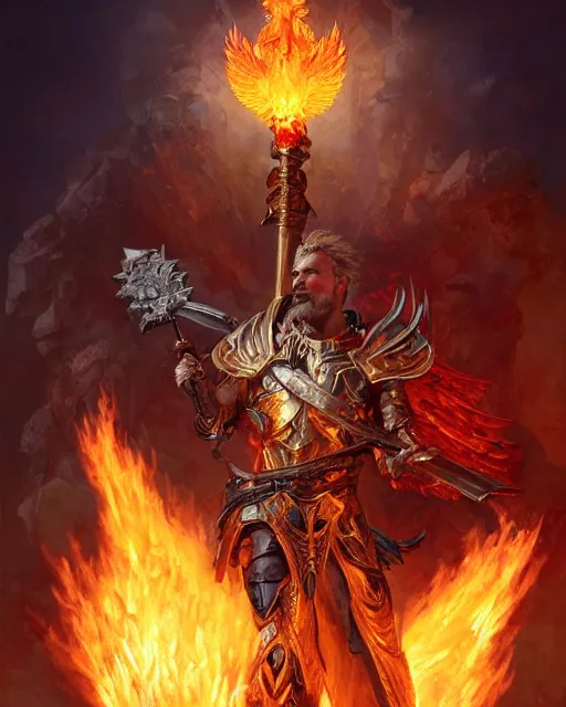 Prompt: character portrait of a brawny male warrior lion angel of justice, with fiery golden wings of flame, wearing shining armor, wielding a flaming sword and holding a large fiery shield, by peter mohrbacher, mark brooks, jim burns, wadim kashin, greg rutkowski, larry elmore, trending on artstation