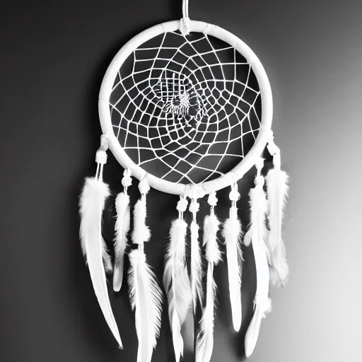 Prompt: a dreamcatcher made out of bones, studio photography, black background, faint glow, volumetric