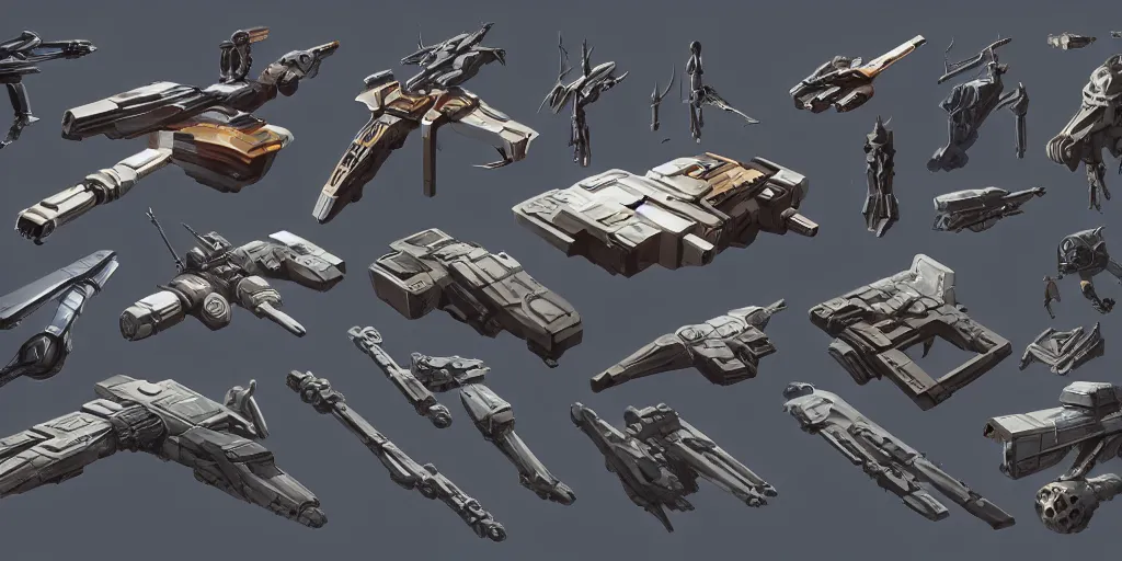 Image similar to futuristic sci - fi props and gadget, hard surface, collection, kitbash, parts, shape and form, in watercolor gouache detailed paintings, star citizen, modular, pieces, golden ratio, mobius, weapon, guns, destiny, big medium small, insanely details