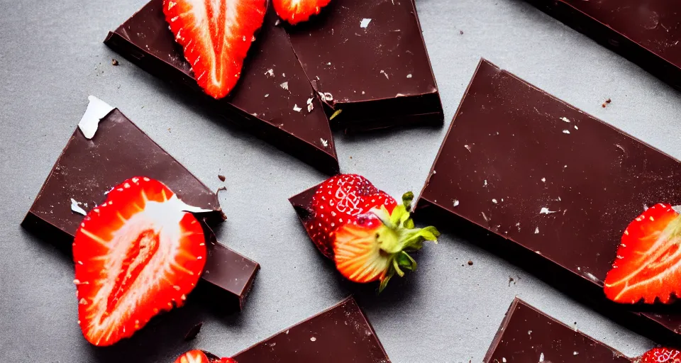 Image similar to A gourmet dark chocolate bar with a piece broken off, on an opened silver wrapper, next to sliced strawberries, on a wooden tray, macro lens product photo