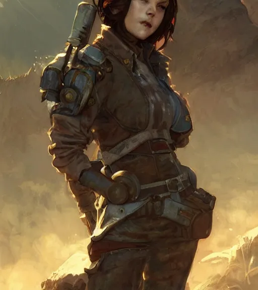 Image similar to fallout 5, charismatic beautiful armoured rugged brunette female protagonist, portrait, outdoors alaskan wilderness, atmospheric lighting, painted, intricate, volumetric lighting, beautiful, daytime, sunny weather, few clouds, sharp focus, deep colours, ultra detailed, art by krenz cushart and wenjun lin