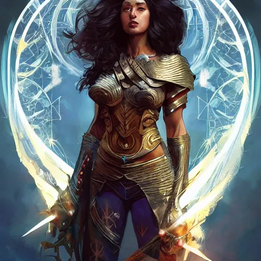 Image similar to portrait of a female warrior surrounded by energy, magic and lightning, epic, fantasy, D&D, intricate, upper body, highly detailed, digital painting, artstation, concept art, sharp focus, cinematic lighting, illustration, art by artgerm and greg rutkowski, alphonse mucha, cgsociety