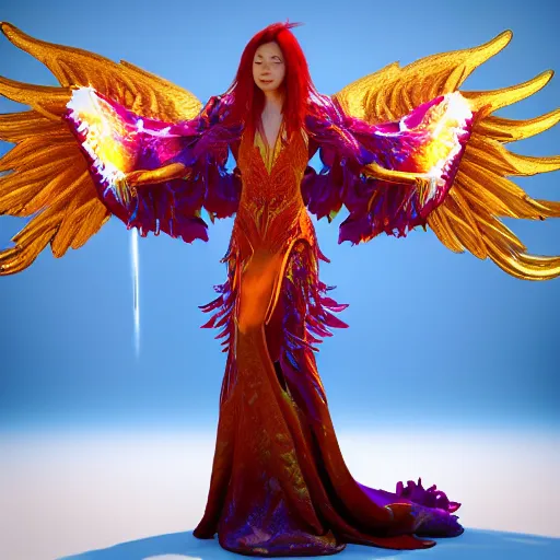 Image similar to a beautiful orchid phoenix angel woman, in an ornamented dress with large wings, photorealism, octane, unreal engine, volumetric light, god rays, 8 k high resolution, rubies