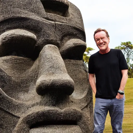 Prompt: an hd 4 k photo, of bryan cranston posing next to a moai statue