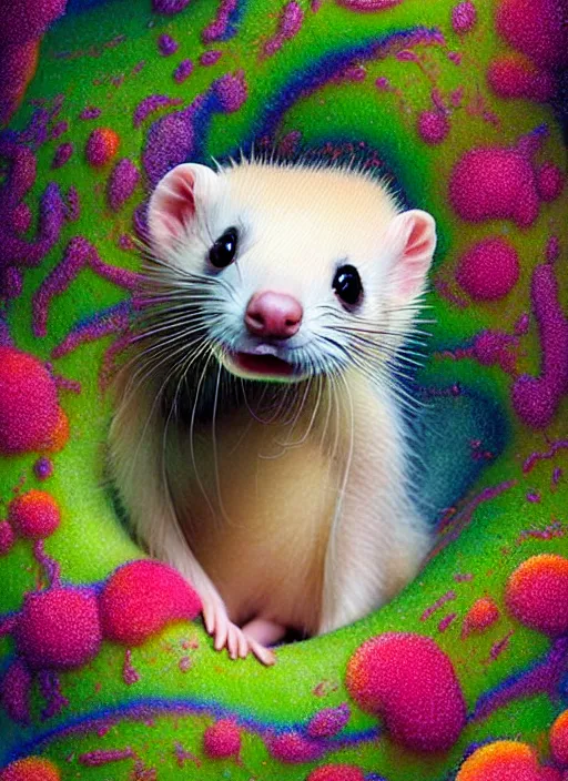 Image similar to hyper detailed 3d render like a Oil painting - kawaii portrait Aurora (blonde calico Sable Ferret) seen Eating of the Strangling network of yellowcake aerochrome and milky Fruit and Her delicate Hands hold of gossamer polyp blossoms bring iridescent fungal flowers whose spores black the foolish stars by Jacek Yerka, Mariusz Lewandowski, Houdini algorithmic generative render, Abstract brush strokes, Masterpiece, Edward Hopper and James Gilleard, Zdzislaw Beksinski, Mark Ryden, Wolfgang Lettl, hints of Yayoi Kasuma, octane render, 8k