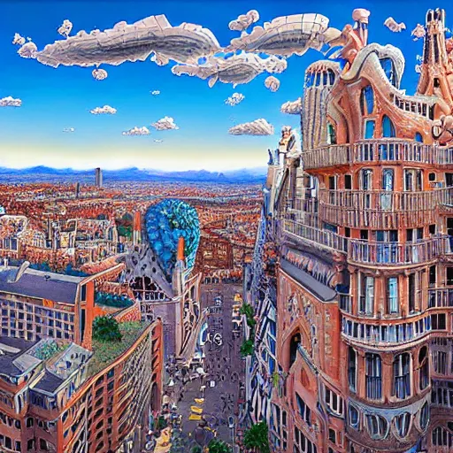 Image similar to city skies hyper realism 8 k by antoni gaudi, arthur adams, rob gonsalves, artgerm