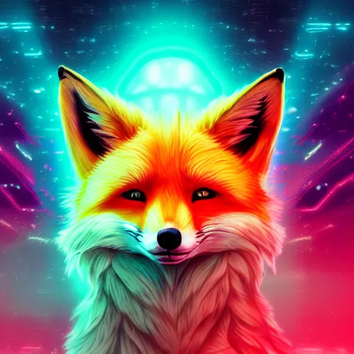 Prompt: digital fox, retrowave palette, digital world, aether, highly detailed, electric breeze, anatomically correct vulpine, synth feel, fluffy face, ear floof, flowing fur, super realism, accurate animal imagery, 4 k digital art