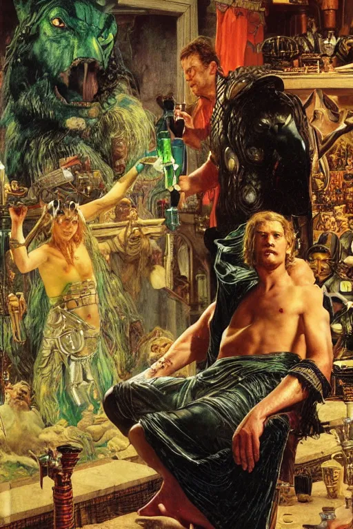 Image similar to thor drinking mountain dew during ragnarok, by lawrence alma tadema and zdzislaw beksinski and norman rockwell and jack kirby and tom lovell and greg staples