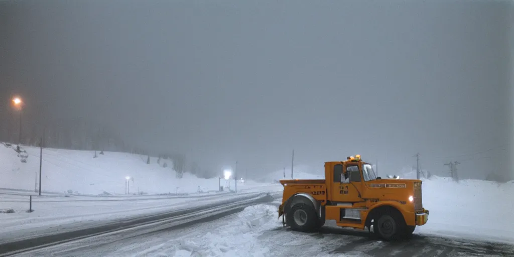 Image similar to photo, big snow plow truck is in the distance with a bright headlighta. cold color temperature, snow storm. hazy atmosphere. humidity haze. kodak ektachrome, greenish expired film, award winning, low contrast,