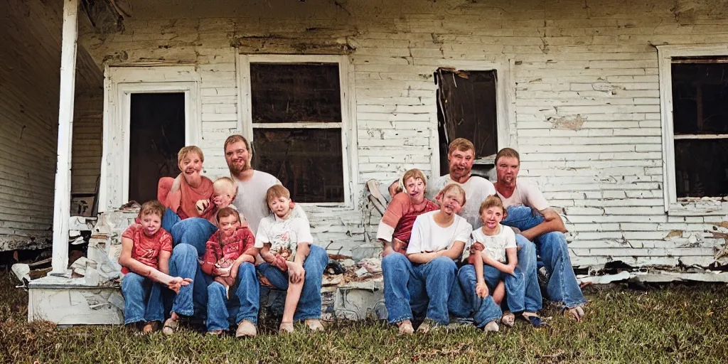 Image similar to photo of white redneck family sitting on front porch of dilapidated house, mid shot portrait, kodak gold 2 0 0,