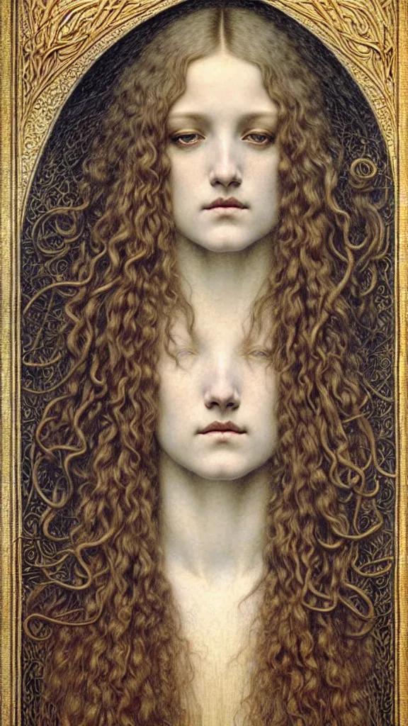 Image similar to detailed realistic beautiful young medieval queen face portrait by jean delville, gustave dore and marco mazzoni, art nouveau, symbolist, visionary, gothic, pre - raphaelite. horizontal symmetry