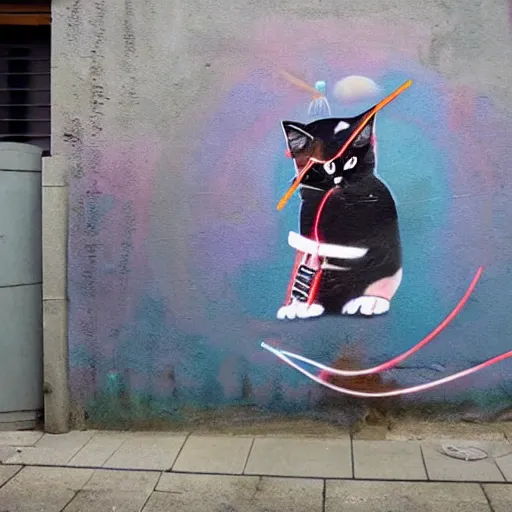 Image similar to samurai cat playing futuristic synth, street art