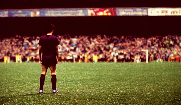 Image similar to A soccer player waiting to take a penalty, 35mm film, by Gregg Araki