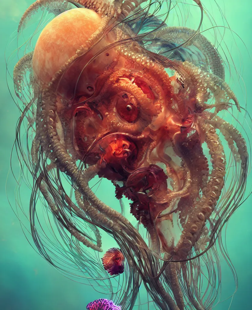 Image similar to goddess close-up portrait ram skull. jellyfish phoenix head, nautilus, orchid, skull, betta fish, bioluminiscent creatures, intricate artwork by Tooth Wu and wlop and beeple. octane render, trending on artstation, greg rutkowski very coherent symmetrical artwork. cinematic, hyper realism, high detail, octane render, 8k