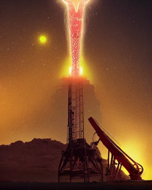 Image similar to a glowing female spirit of mother nature screams out in agony. drilling rigs bore into the earth in the background. wide shot, detailed, sharp, 8 k, award winning digital art by beeple.