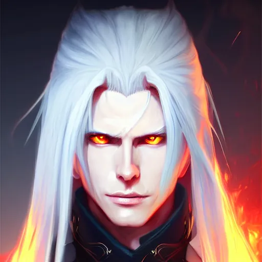 Prompt: digital art of a pale menacing Sephiroth with piercing eyes, gilded black uniform, he commands the fiery power of resonance and wrath, by WLOP, Artstation, CGsociety