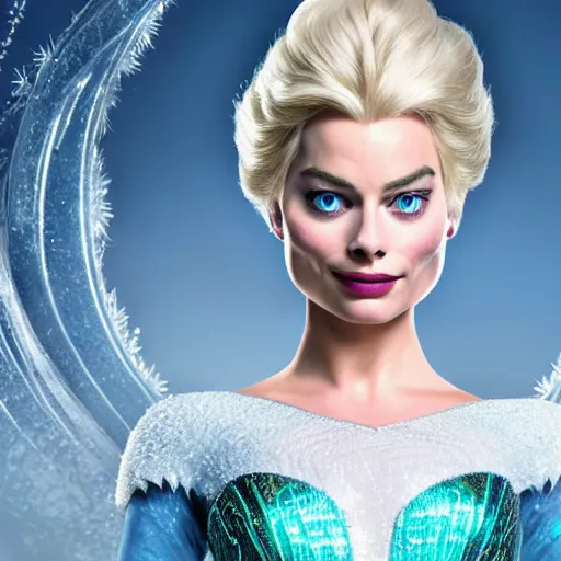 Image similar to Margot Robbie as Elsa in disney frozen live action, 8k full HD photo, cinematic lighting, anatomically correct, oscar award winning, action filled, correct eye placement,