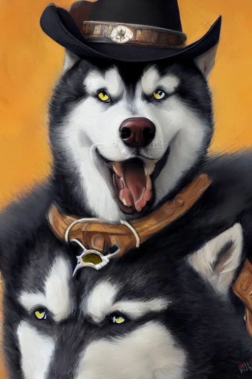 Prompt: a portrait painting of a husky in cowboy costume, wearing a cowboy hat, in the style of anime, trending on artstation