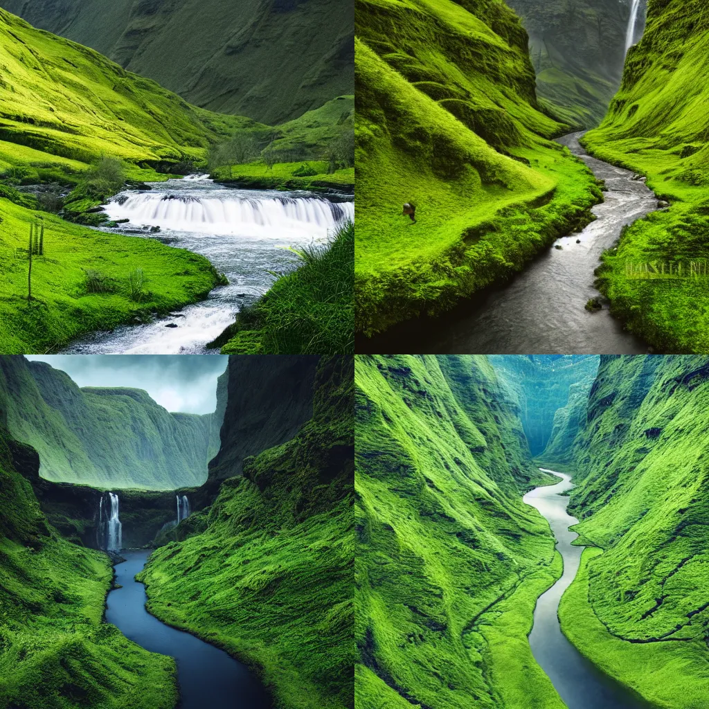 Prompt: a river running through a lush green valley, a detailed matte painting by hallsteinn sigurðsson, unsplash contest winner, land art, national geographic photo, cinematic view, matte painting