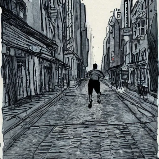Prompt: man running in a street, ink - n 4