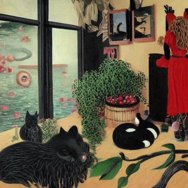 Image similar to emo catgirl artist in her flooded apartment, painting of flood waters inside an artist's home, a river flooding indoors, pomegranates, pigs, ikebana, zen, water, octopus, river, rapids, waterfall, black swans, canoe, berries, acrylic on canvas, surrealist, by magritte and monet