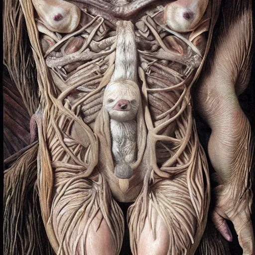 Image similar to Portrait of a sloth with translucent skin, visible muscles and veins and arteries and bones and spines and nerves, beautiful detailed intricate insanely detailed octane render, 8k artistic photography, photorealistic, chiaroscuro, by David Cronenberg, Raphael, Caravaggio