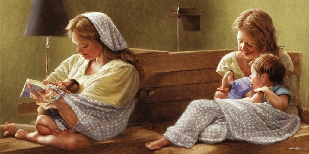 Prompt: a mother sings lullabies to her little cute boy, by Bob Byerley