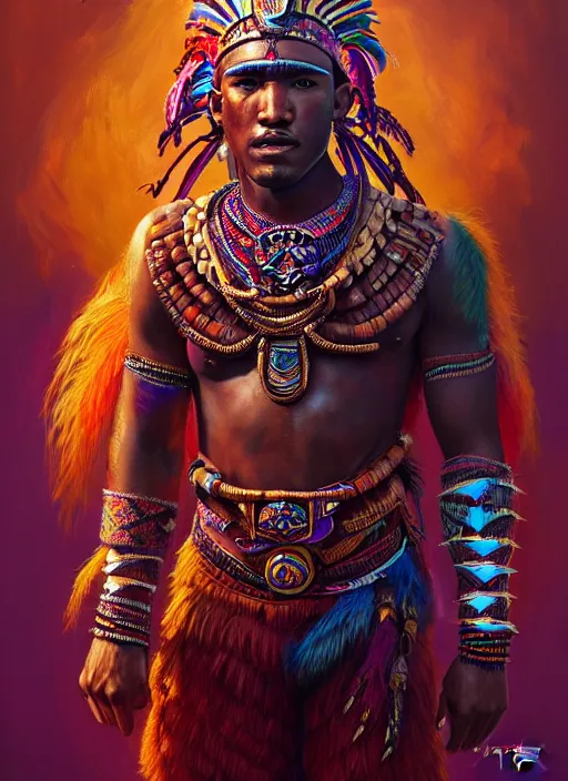Image similar to portrait of jessie usher, hyper detailed ultra sharp aztec shaman warrior. trending on artstation, warpaint aesthetic, bloodwave, colorful, psychedelic, ornate, intricate, digital painting, concept art, smooth, sharp focus, illustration, art by artgerm and greg rutkowski and h. r. giger, 8 k