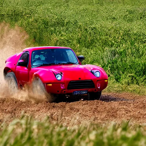 Prompt: award winning photo of a mole driving a red off road car through a field