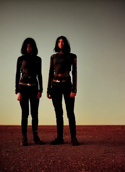 Image similar to cinestill 5 0 d photographic portrait of two loving female androids wearing rugged black techwear on a desolate plain with a red sky, extreme closeup, lizard on ground, cyberpunk style, in front of a brutalist dark metal facility, dust storm, 8 k, hd, high resolution, 3 5 mm, f / 3 2, ultra realistic faces