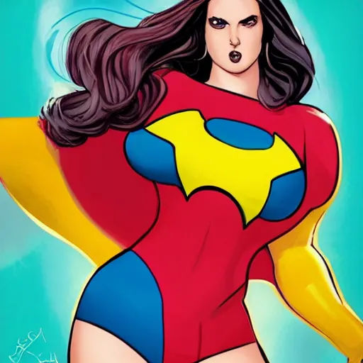 Prompt: Full-body Portrait of a curvaceous superhero woman with long brunette hair, skintight rainbow body suit, character design, accentuated feminine features, female superhero proportions, realistic face, detailed face, symmetrical face, comic book cover visual style, dramatic lighting, tonemapping, highly detailed, sharp focus, heavy contour lines, realism, cel shading, vibrant colors, ArtStation, trending on ArtStation, DeviantArt, David Nakayama