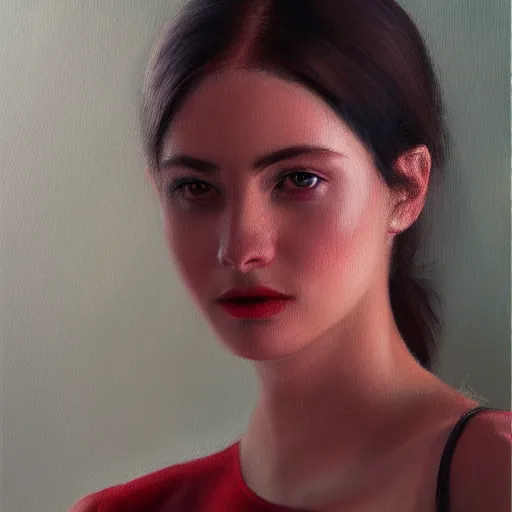 Image similar to a portrait of an intensely lit female, red, oil painting, pale colors, high detail, 8 k, wide angle, trending on artstation,