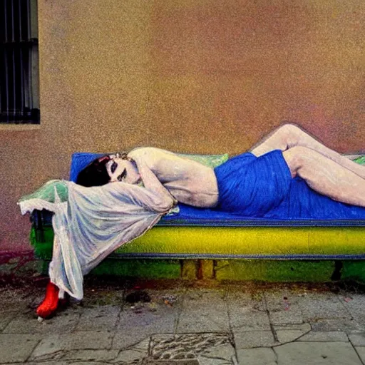 Image similar to by randolph caldecott chromatic aberration terrifying. a street art of a woman reclining on a bed.