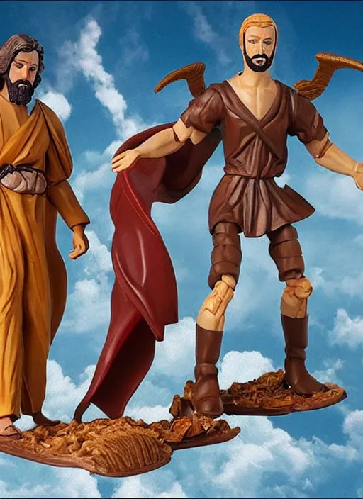 Prompt: Jesus vs the Devil in the flying sandals of salvation action figures toy pack