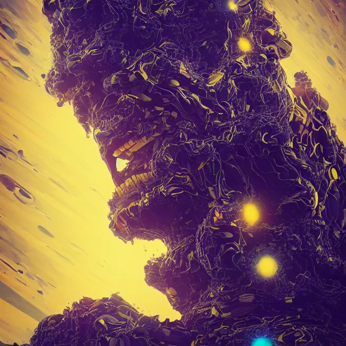 Image similar to portrait of a destroyer of galaxies, indigo and yellow. intricate abstract. intricate artwork. nightmare fuel. by tooth wu wlop beeple dan mumford. octane _ render