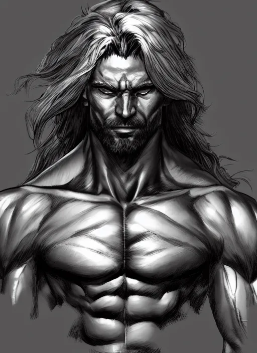 Image similar to Half body portrait of mature muscular man with long silver hair, half man half wolf. In style of Yoji Shinkawa and Hyung-tae Kim, trending on ArtStation, dark fantasy, great composition, concept art, highly detailed, dynamic pose.