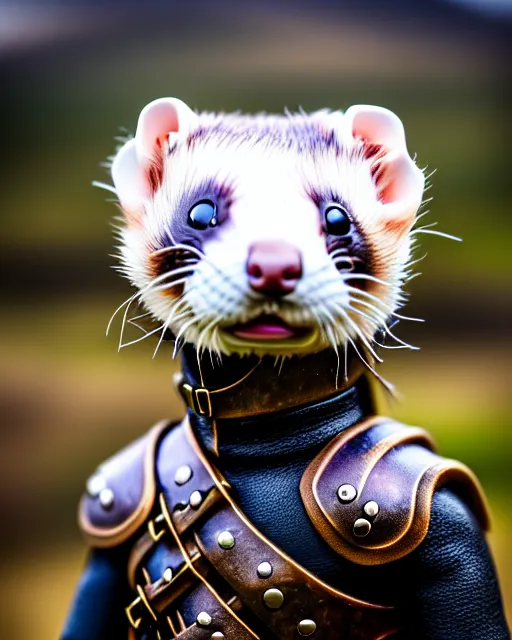 Image similar to ferret warrior, furry, fantasy, viking, high detailed, photography, cloudy, lightweight leather armour, scandinavia, plain, detailed face, look into the distance, serious face, full body, in full growth, professional photographer, masterpiece, 5 0 mm, extremely detailed, 8 k