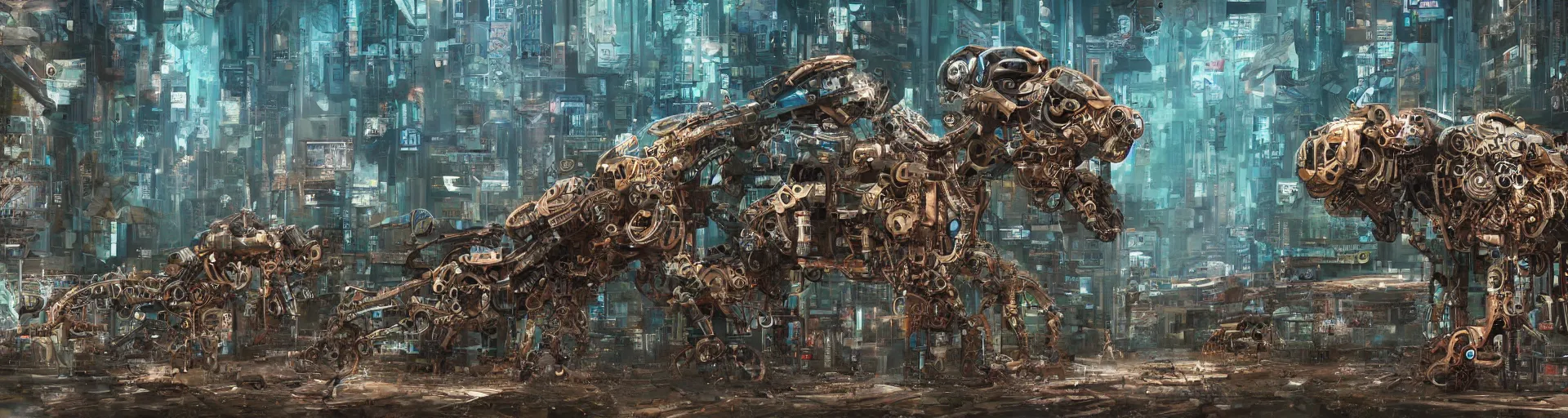 Prompt: Highly Detailed digital illustration about the beauty of nature in a postcyberpunk world where all animals have been replaced by mechanical beasts. Trending on Artstation