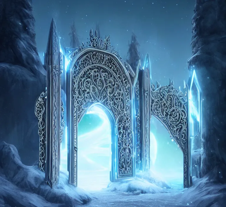 Prompt: a very detailed concept art of intricate and elven white gates to aurora borealis infused with magic, dynamic lighting trending on artstation, symmetry, digital art, 4 k, hyper realistic, octane render, sharp focus