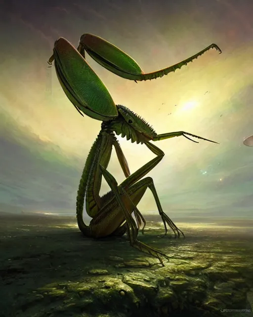 Image similar to a giant space praying mantis eats planet, photo realistic, epic composition, epic light, high details by greg rutkowski and mark marc simonetti