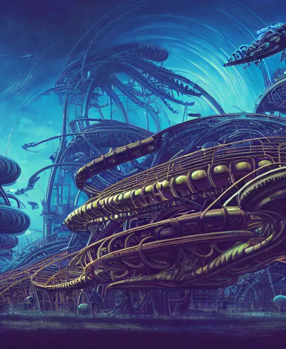 Image similar to a roller coaster made out of alien creatures, biological forms, internal organs, in the style of an asymmetrical spaceship, surrounded by fireflies, apocalyptic environment, by dan mumford, yusuke murata, makoto shinkai, ross tran, cinematic, unreal engine, cel shaded, featured on artstation, pixiv